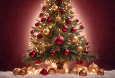 The primary subject of the image is a Christmas tree, which is adorned with ornaments and lights. The setting is a room with a red background, and the visual style is a photo. The colors and mood of the image are festive and joyful, as the tree is decorated with red and gold ornaments, and the lights create a warm and inviting atmosphere.
